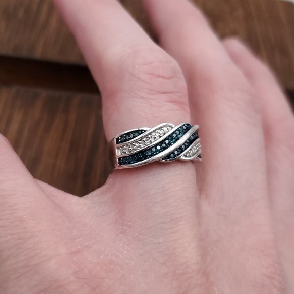 Size 6 925 Sterling Silver Blue And Clear Genuine Diamonds Ring - Picture 4 of 9